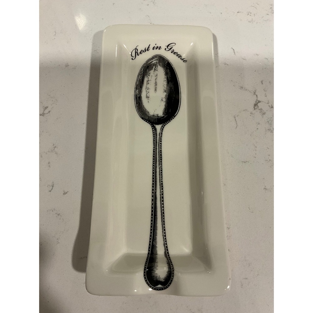 Fishs Eddy Rest in Grease Ceramic Spoon Rest White Black Vintage Style Tray